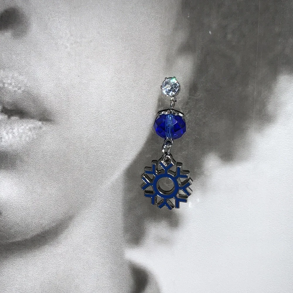 New Hand Crafted Snowflake Dangling Stud Post Earrings with Blue Glass Beads - Picture 4 of 12